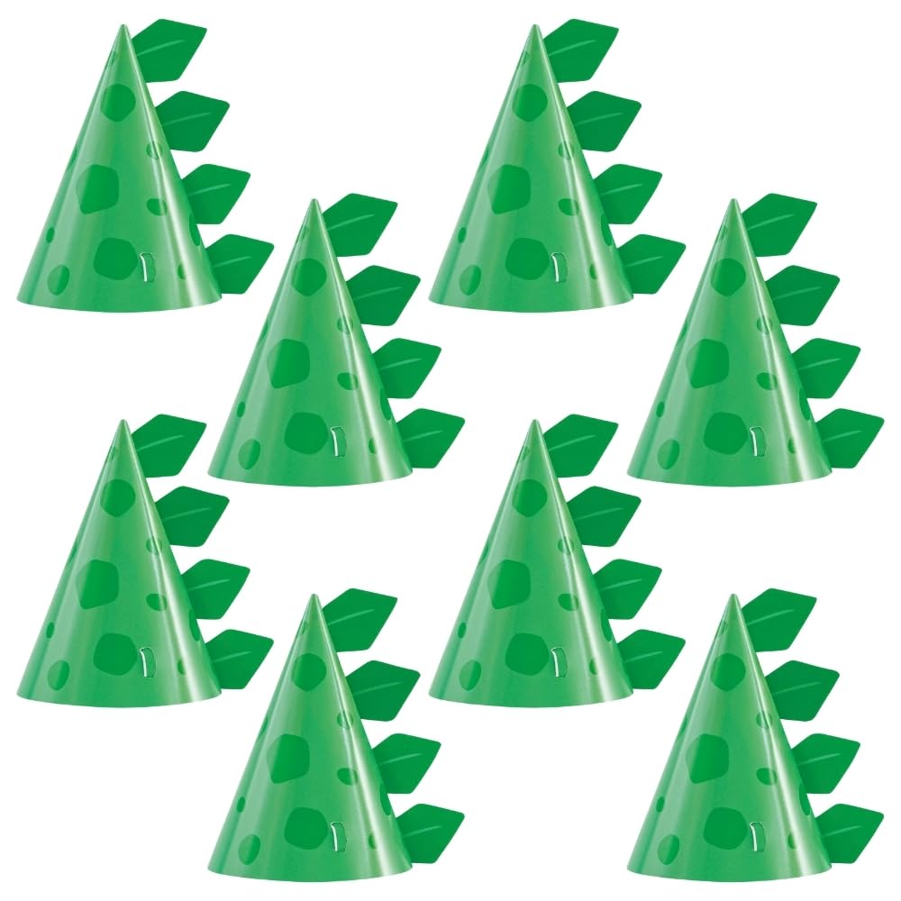 Unique Green Cone-Shaped Dinosaur Cardstock Party Hats (Pack of 8) - Perfect for Kids' Birthdays & Dino-Themed Celebrations