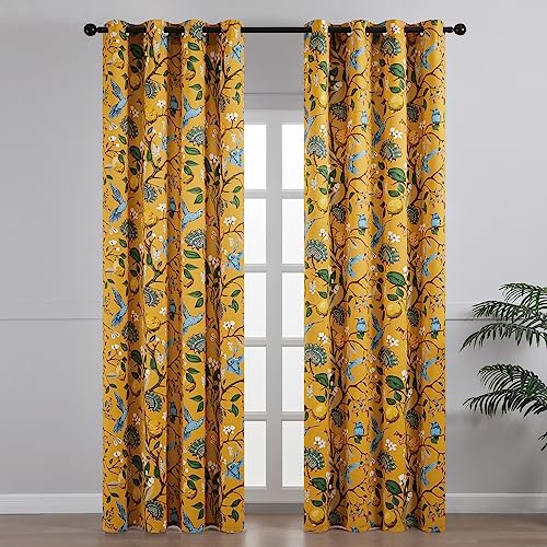 Image of Topfinel 80 Inches Long Custom Mustard Yellow Luxury Curtains for Living Room Bedroom, Blackout Vintage Victorian Curtains Floral Lemon Hummingbird Printed Grommet Drape 80 Inch Length