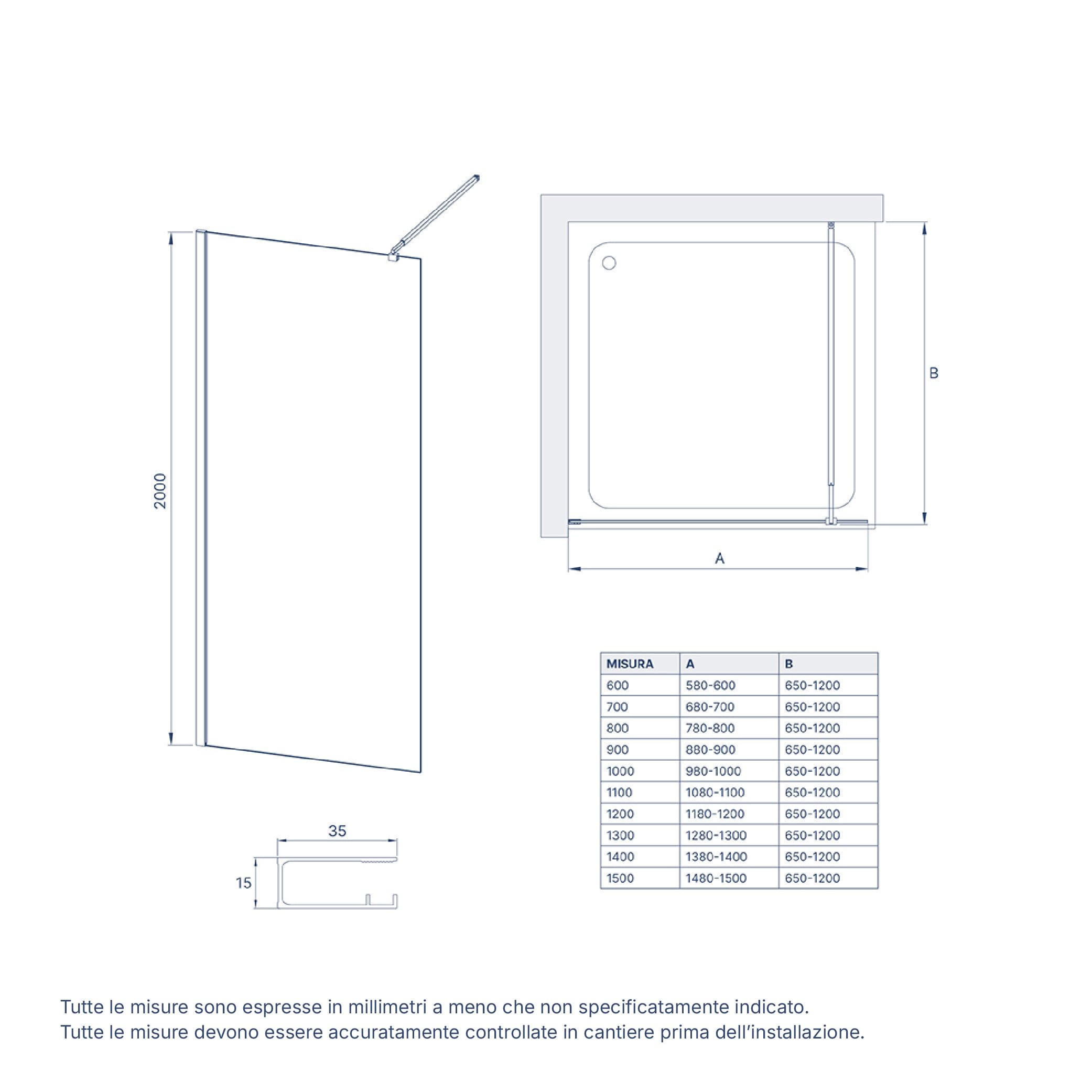 Parete Doccia Walk-In 100 cm Keros, Vetro Temperato 8mm Anticalcare, Profilo Alluminio Oro Spazzolato, Altezza 200 cm, Installazione Reversibile Dx/Sx con Barra Stabilizzatrice