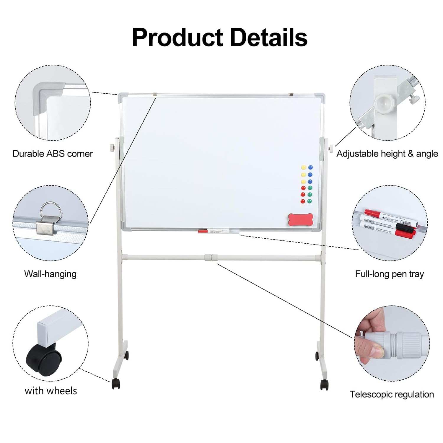 Dwustronna mobilna tablica, 60 x 90 cm, magnetyczna tablica suchościeralna na kółkach z aluminiową ramą i uchwytem