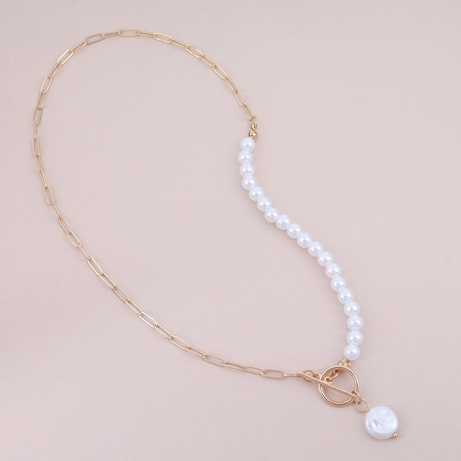 Bohemian Pearl Choker Necklace Gold Baroque Pearl Pendant Necklace Pearl Paperclip Link Chain Necklace Small Pearl Toggle Clasp Collar Necklace Jewelry for Women Gifts - Image 3