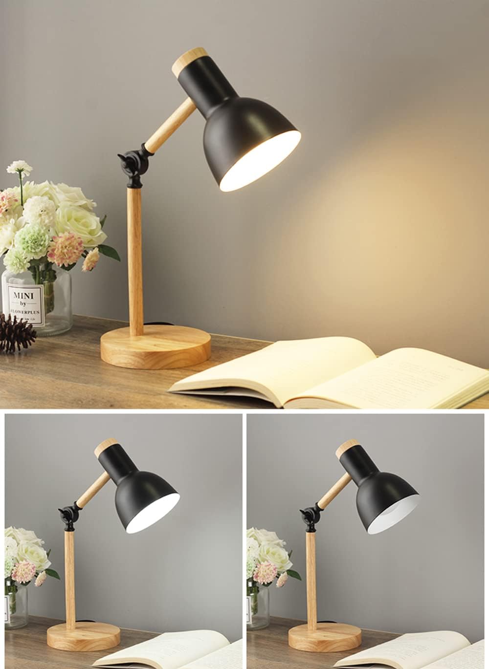 Lampe de table de chevet, lampe de bureau en bois moderne avec abat-jour en métal Lampe de chevet réglable pour bureau, salle d'étude, chambre à coucher, salon, chambre d'enfant, lecture,Noir