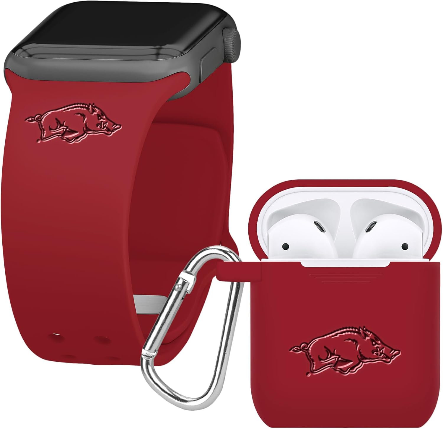 Affinity Bands Arkansas Razorbacks Engraved Silicone Combo Package Compatible with Apple Watch and AirPods Gen 1 & 2 (42/44/45/49mm (46mm Series 11) Crimson)