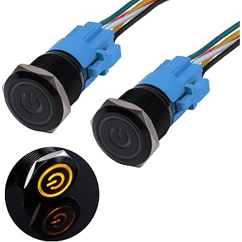 2 x 19 mm Momentary Waterproof Pressure Switch 12 V to 24 V 3 A On/Off Button Switch with LED Lighting Black Metal Housing Pre-Wired Momentary Push Button for Car DIY Car Motorcycle Yellow