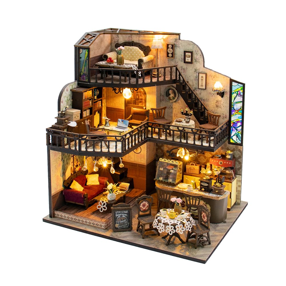 Kit di costruzione per una casa delle bambole fai da te, caffetteria a tre piani fatta a mano con mobili per la casa delle bambole, illuminazione e accessori, regalo creativo per Natale o compleanno