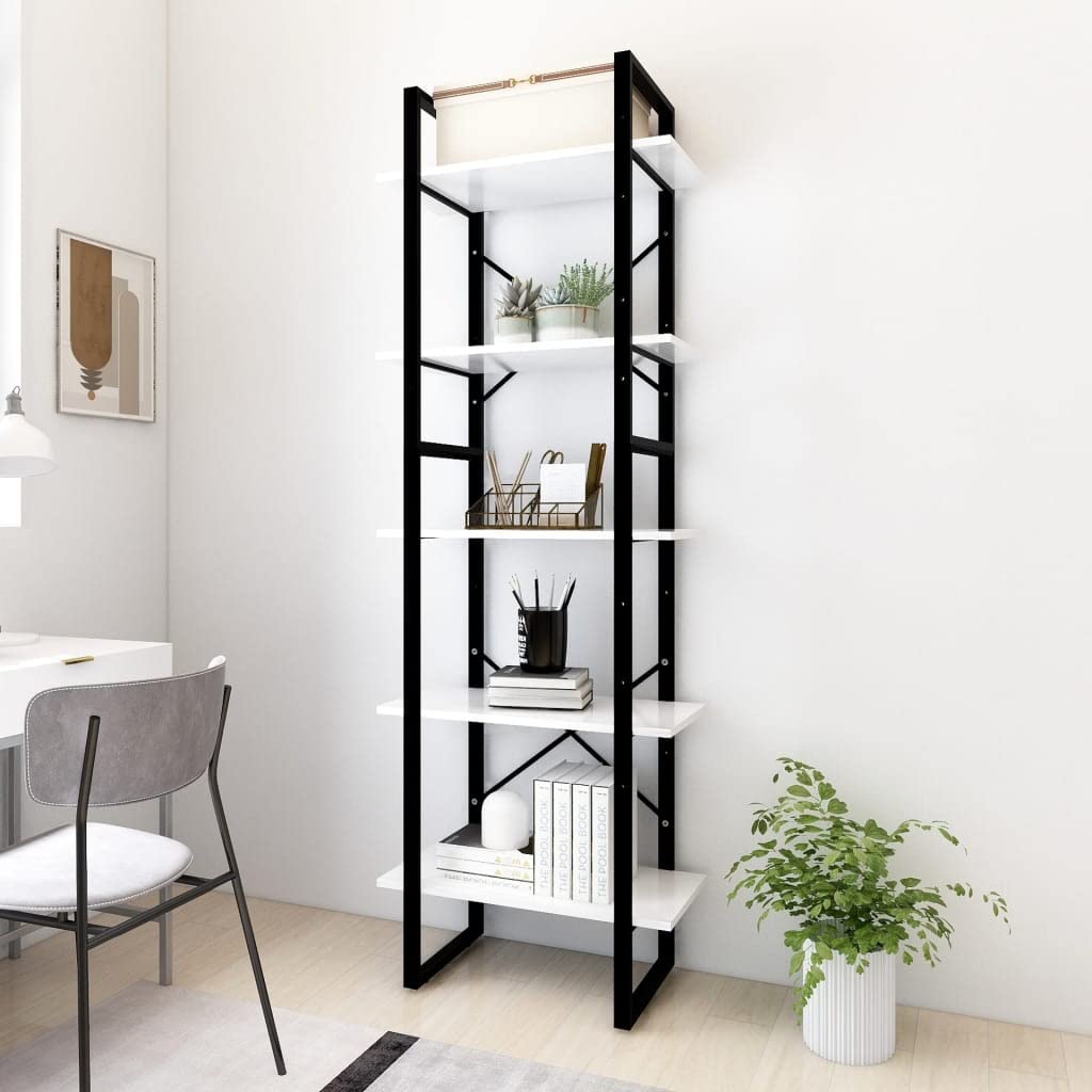 Librería con 5 compartimentos, color blanco, 60 x 30 x 175 cm, material de madera, marco de metal, diseño moderno, estante alto, estante bajo, set para salón, oficina