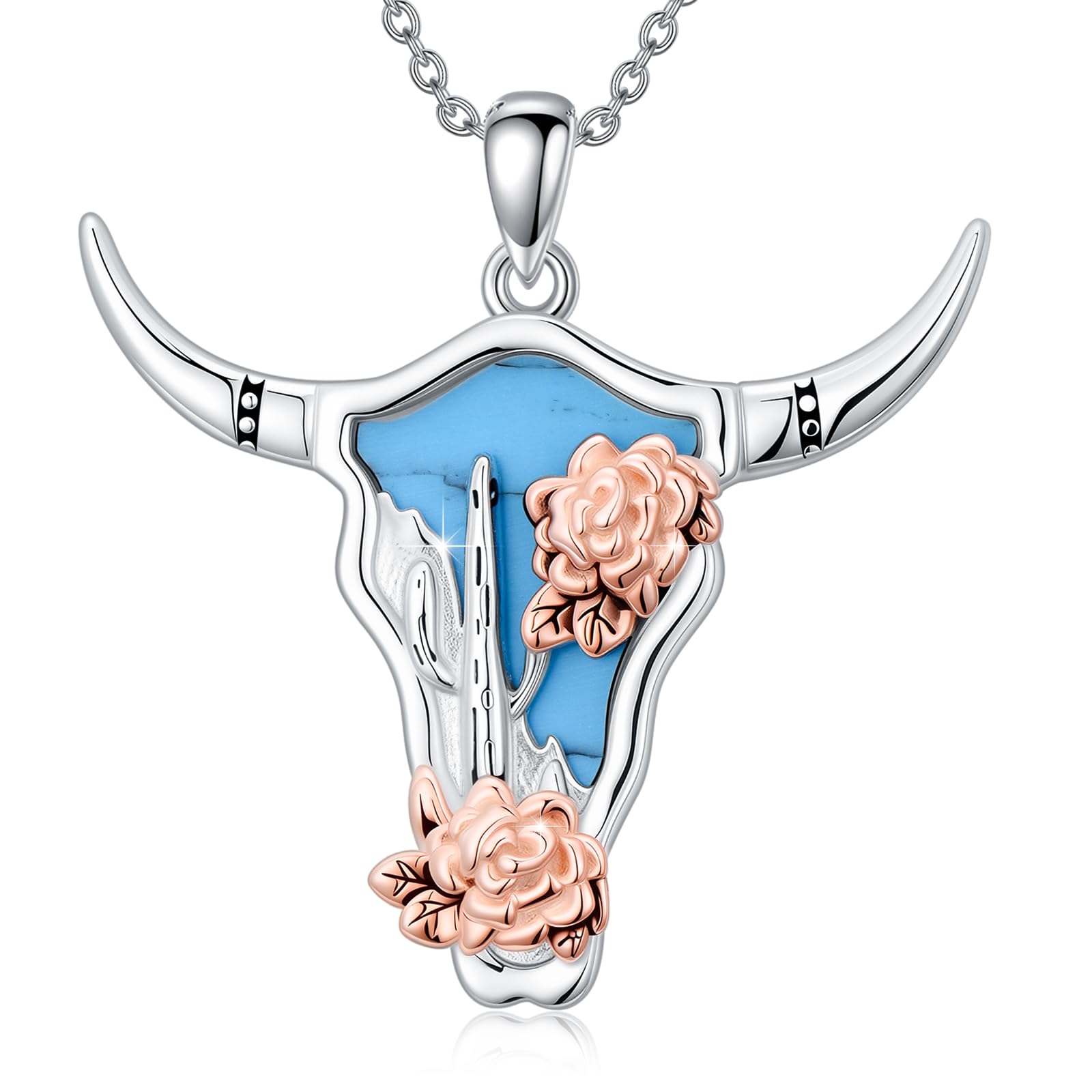 Brisskaari Womens Turquoise Cow Skull/Scottish Highlad Cow Pendant Necklace Collection, 925 Sterling Silver Western Cowgirl Gifts for Christmas