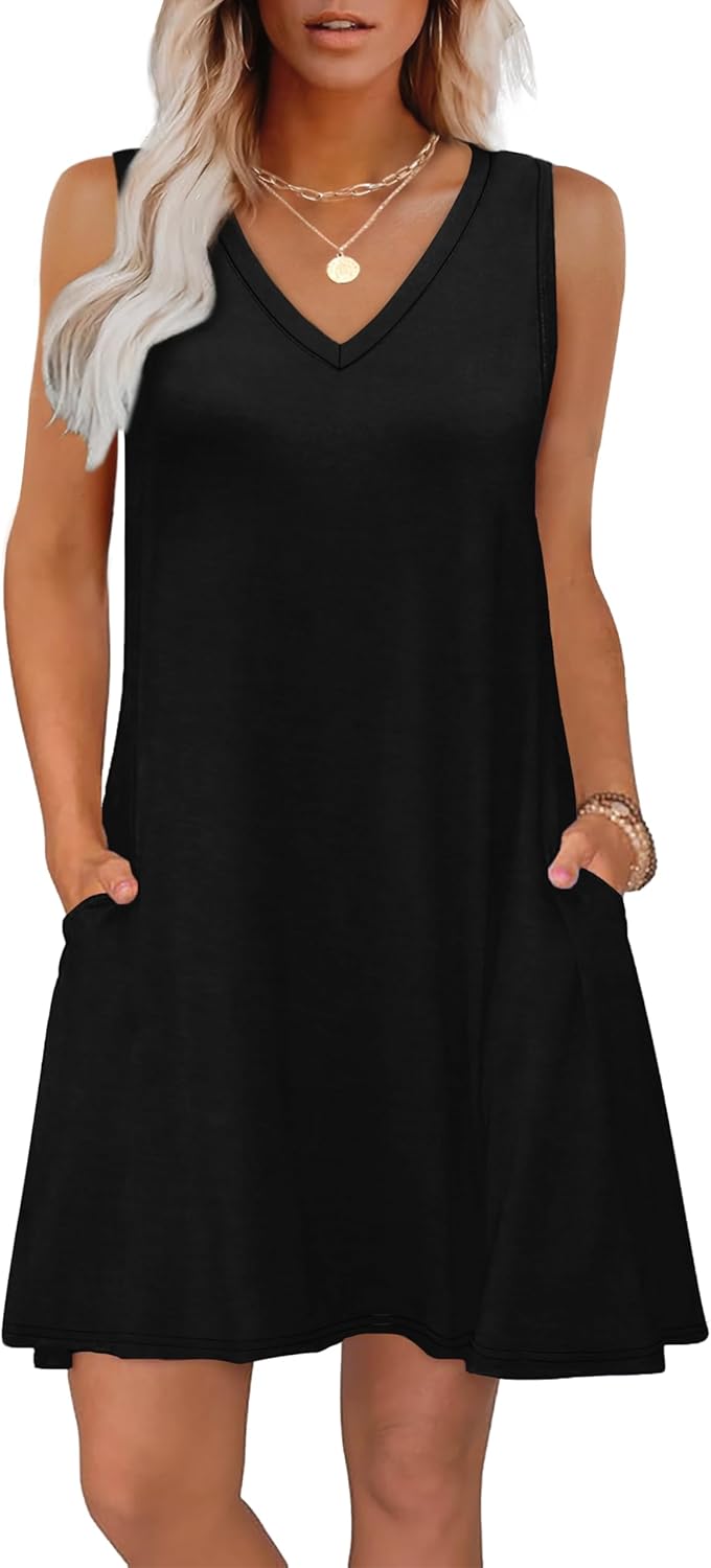 WIHOLL Womens Summer Dresses Loose Fit V Neck Sleeveless Sundresses Beach Hawaiian Dress with Pockets
