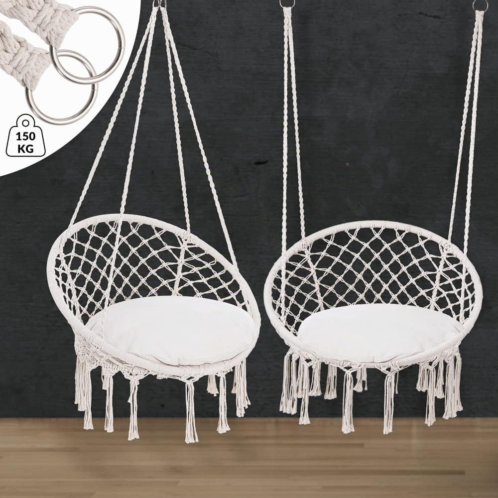 DETEX® Sedia Sospesa 2 Cuscini a Dondolo Max 150 kg Ø 60 Certificato GS cm Resistente per Interni Esterni Design Boho Poltrona da Appendere