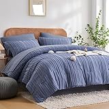 WURUIBO Queen Comforter Set,7 Pieces Bed in a Bag Blue Tufted Comforters Queen Size,Stripe Textured Soft Microfiber All Season Bedding Set(Blue,Queen)