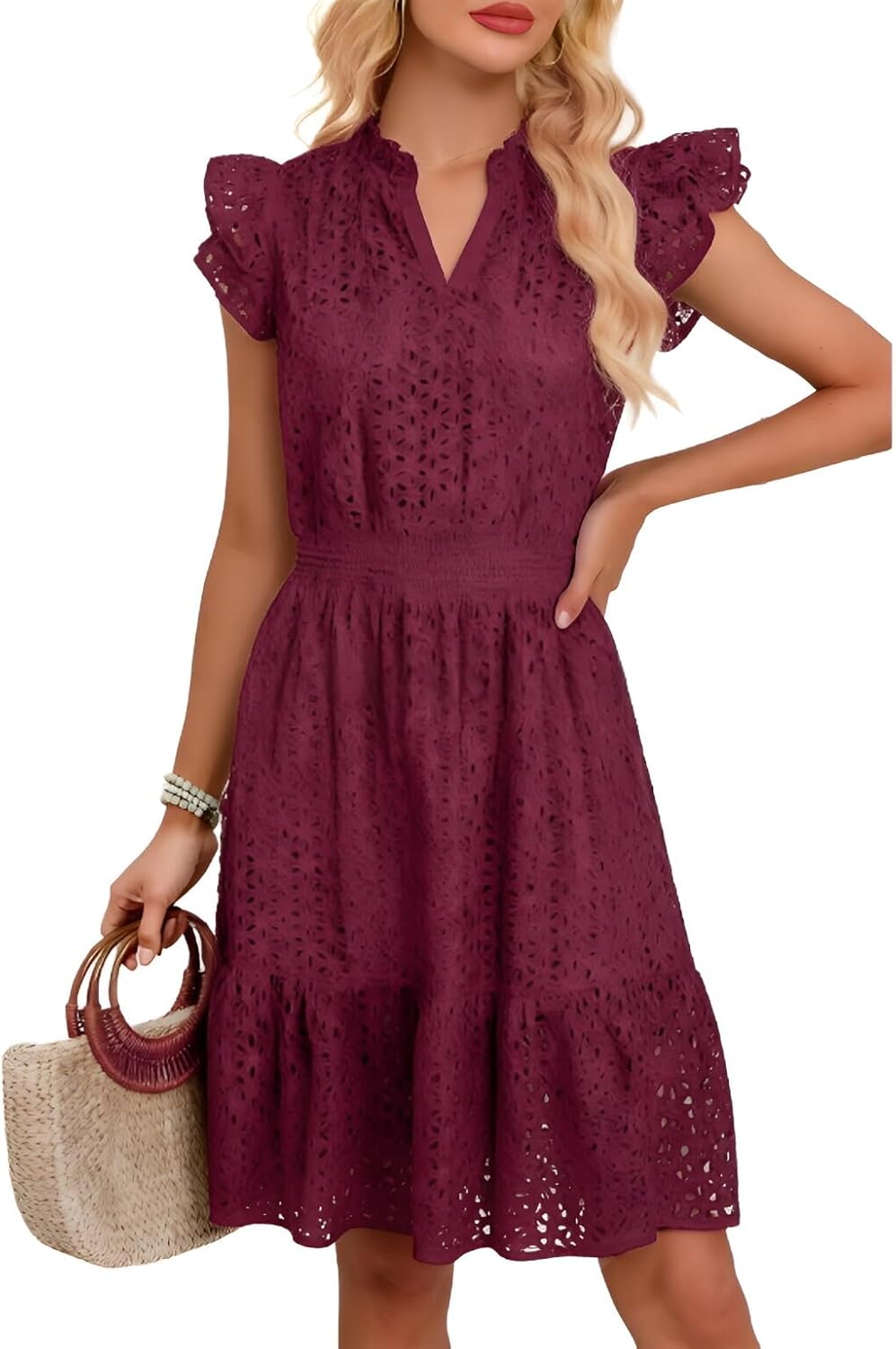 Boho Summer Dresses 2026 Resort V Neck Ruffle Sleeveless Hollow Out Lace Casual Beach Mini Vacation Dress