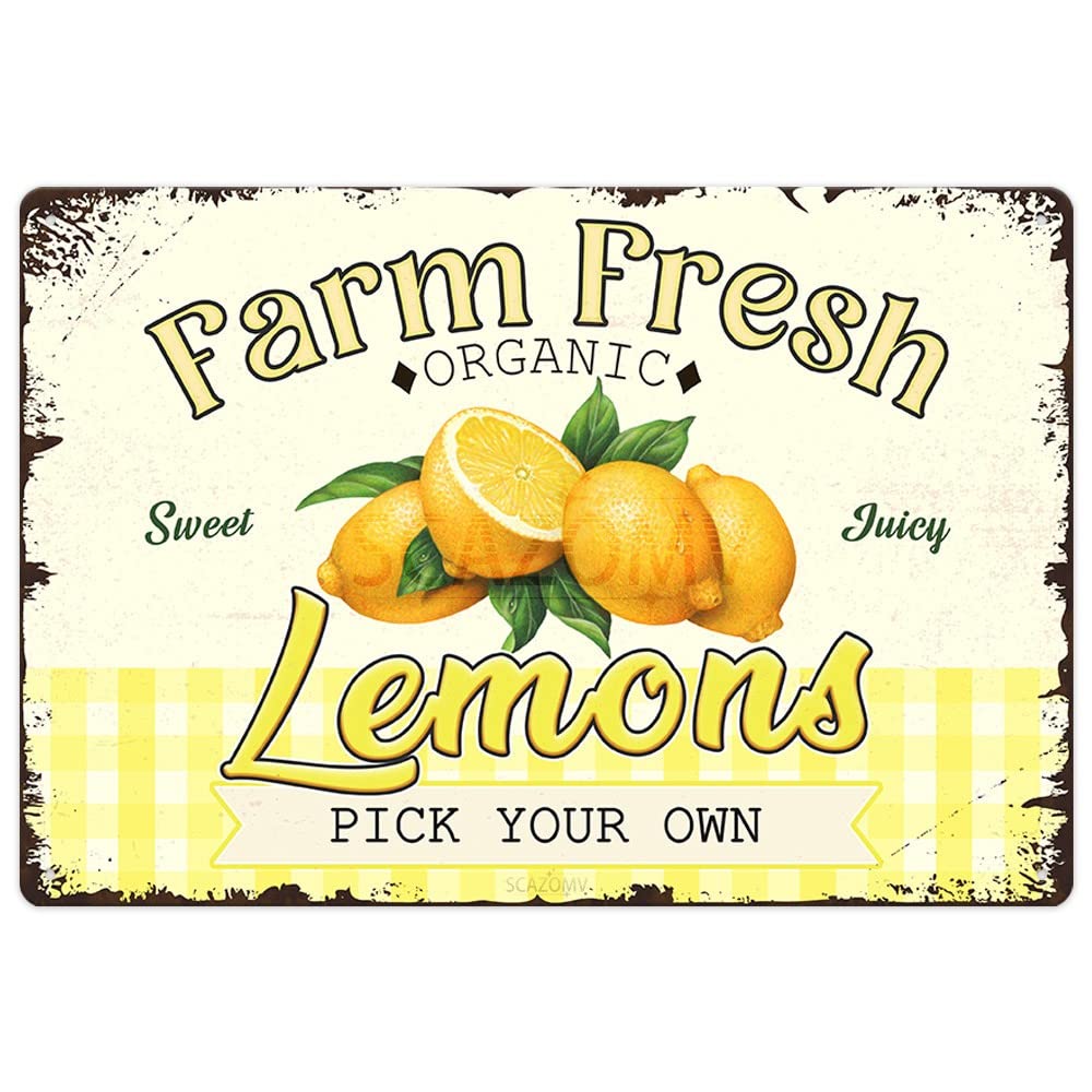 Vintage Metal Tin Sign Farm Fresh Sweet Juicy Lemons, Retro Fruit Poster Decorative Wall Art Signage, Farmhouse Country Market Kitchen Bar Home Decor, 8x12