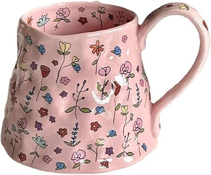 Cute Ceramic Coffee Mug,Big Creative Flower Printed Handmade Mugs Flowers Cup for Office Home 18 oz/500 ml for Latte Tea MilkPink