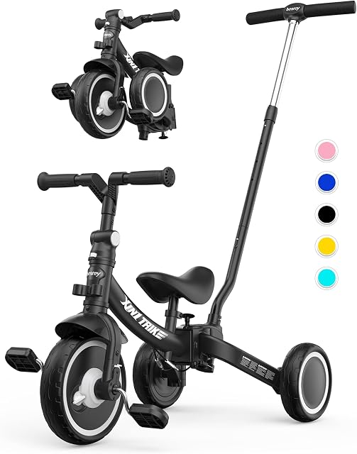 besrey 7-in-1 Toddler Tricycle with 5-Height Parent Steering Push Handle for 1-5 Years Old, Foldable Kids Trike, Bike with Wheel Clutch, Larger Wheels, Removable Pedals, Height Adjustable Seat, Black