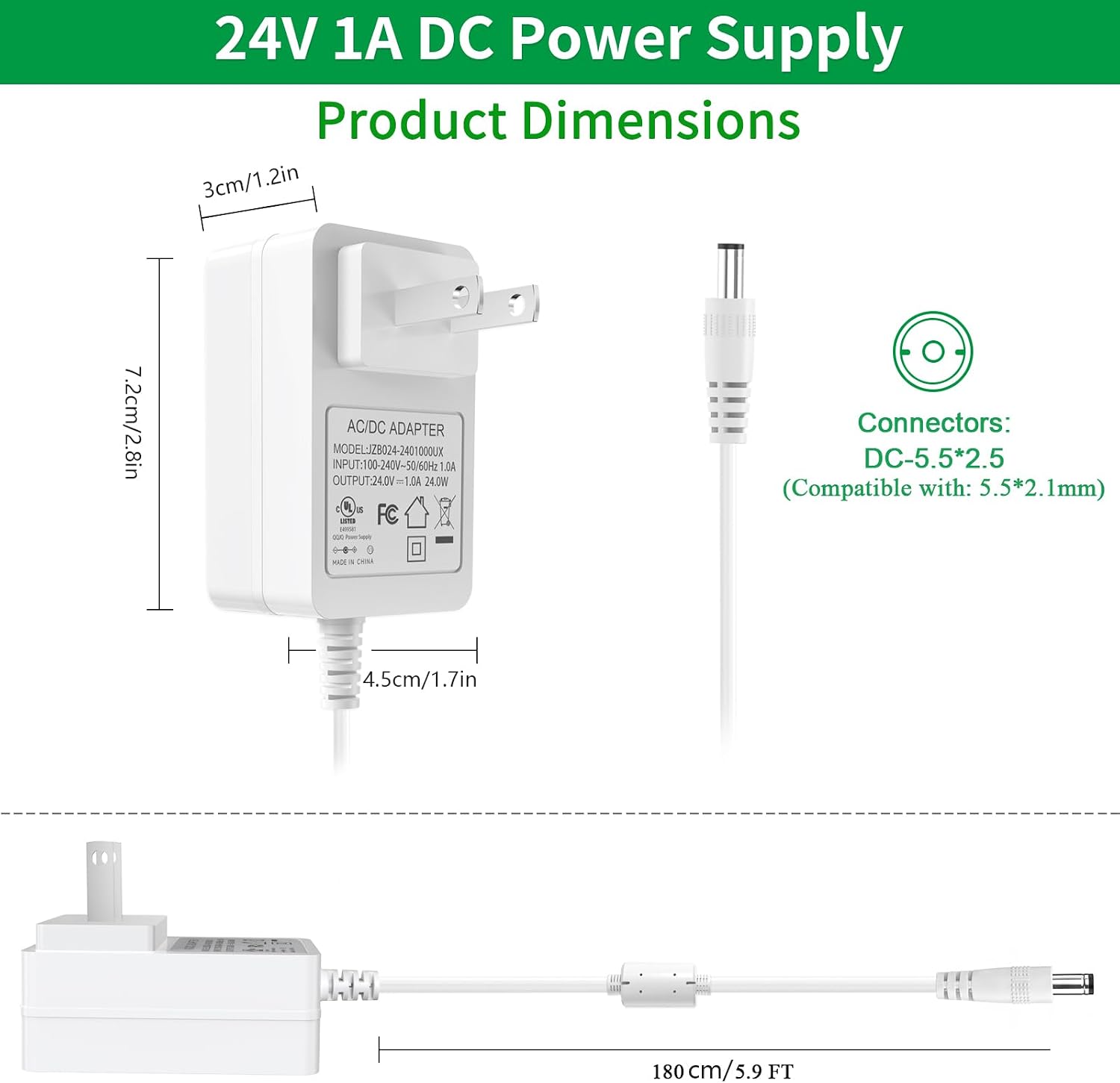24V 1A Power Supply, DC 24V Power Cord, 100-240V AC DC 24Volt Adapter, fit for 24 Volt 100mA 500mA 1000mA 0.1-1A LED Strip Light, Router, Speaker, Security Cameras and More.