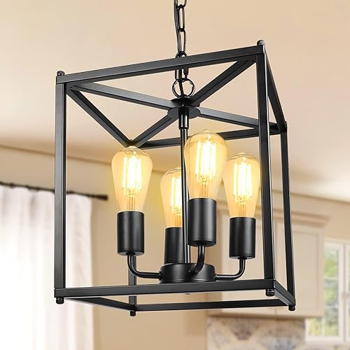 Miniatura 2 de Unicozin Candelabro de granja negro de 4 luces, lámpara colgante de linterna de hierro, jaula rústica de altura ajustable, base E26, luces colgantes