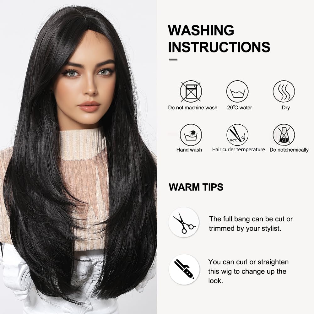 Peluca Larga de Mujer Negra con Flequillo Recto Natural Pelucas de Pelo Sintético Resistentes al Calor para Uso Diario en Fiestas Cosplay