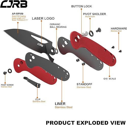 Miniatura 2 de CJRB LAGO - Cuchillo de bolsillo plegable con hoja negra PVD AR-RPM9 mango rojo G10 bloqueo de botón EDC para táctica exteriores senderismo y regalo