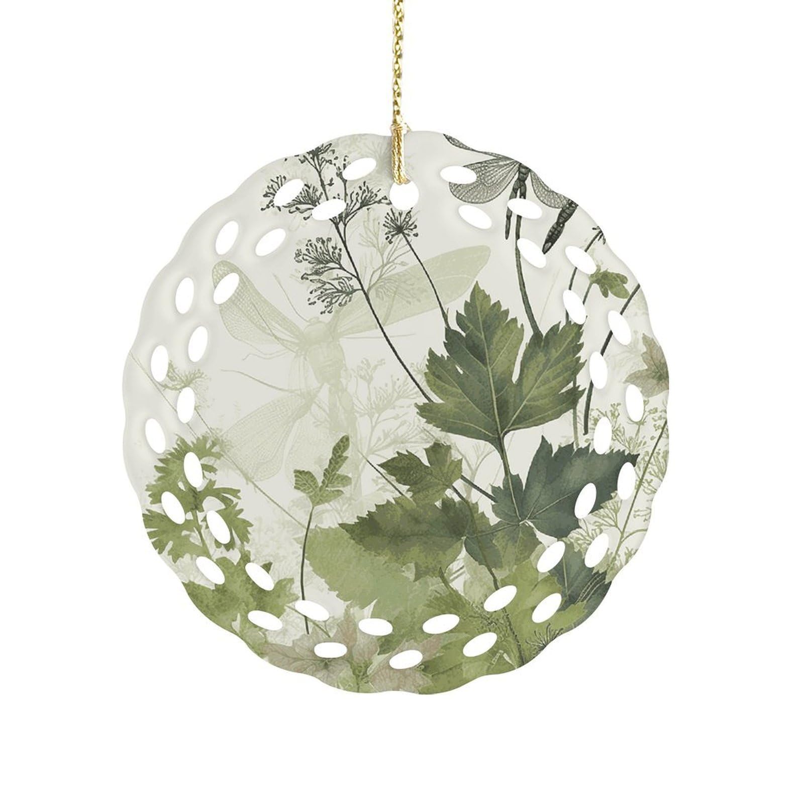 Fekiloot Women's Style Foliage And Herbs With Dragonflies Winged Ceramic Ornaments 3 Inch Round,Holiday Keepsake For ,Girls,Pet Owners,Hanging Ornament Gifts Idea For Home