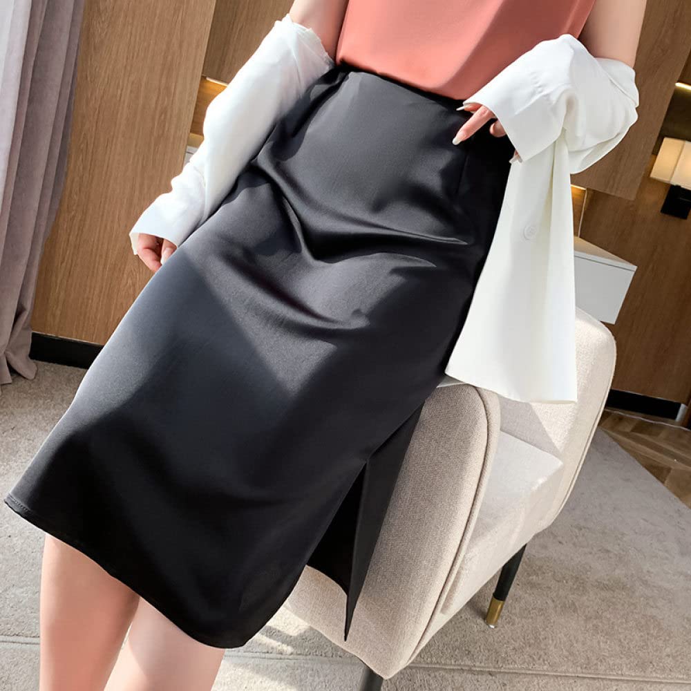 OZEO Rock Damen,Sommer-Satin-Midi-Röcke Für Frauen, Elastische Taille, Schwarzer Seitenschlitz, Gerader Rock, Um Die Hüften Gewickelt, A-Linie, Gerafft, Elegantes Büro, Lange Röcke Für Mädchen, Da