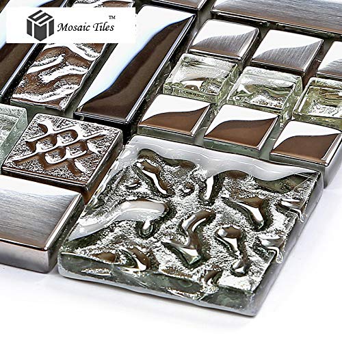 Metallic Glass Mosaic Tiles Silver Gray 100% Glass Tile Water Resistant for Kitchen Backsplash Bathroom Shower Accent Wall Decor TSTGT151 (10 Square Feet) - Thumbnail 3