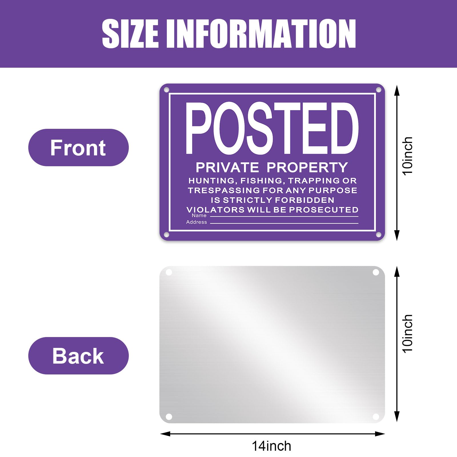 Tandefio 40 letreros reflectantes de aluminio para propiedad privada, resistentes a la intemperie, resistentes a desgarros, alta visibilidad para advertencia, no caza, pesca, atrapamiento (morado, 10