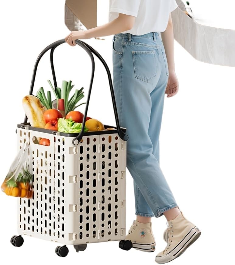 Multifunctional folding shopping basket with wheels, portable shopping cart, practical trolley, shelf basket (PINK,L)
