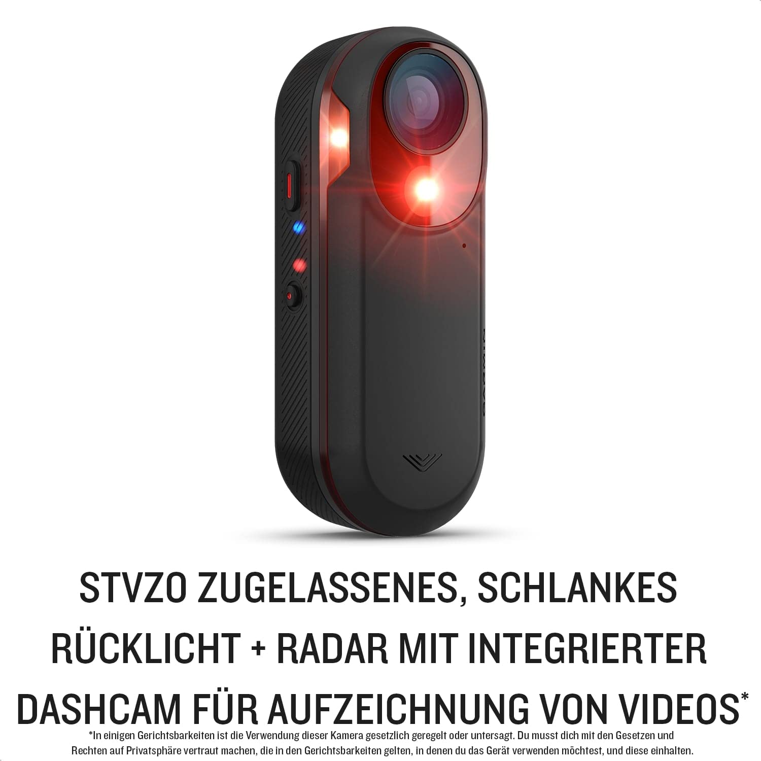 Garmin Varia RCT716 - Radar mit integrierter Dashcam zur Aufzeichnung und Speicherung von Ereignissen. Warnt vor heranfahrenden Fahrzeugen; STVZO Rücklicht mit 5 Lumen, inkl. 16 GB SD-Speicherkarte