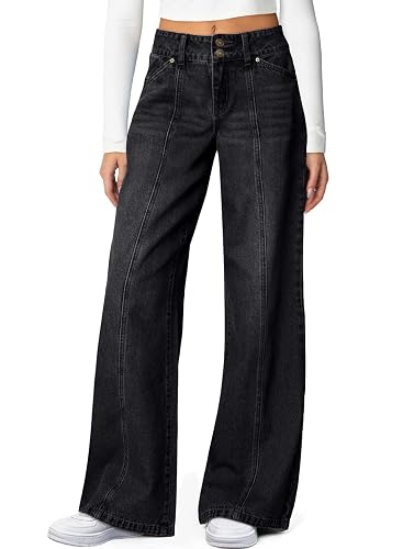 Sidefeel Women's High Waisted Wide Leg Stretchy Jeans | Soft Comfy Denim Pants, Seamed Front, Full Length, Double Buttons, Relxed Fit Trendy Jeans with Pockets, Casual Daily Wear - 8 - Black