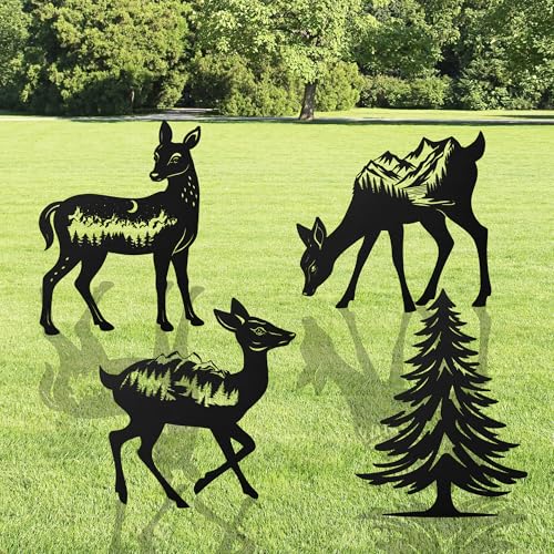 Romart Deer and Pine Tree Decorative Garden Stakes, 4 Pcs Forest Silhouette Metal Garden Stakes for Outdoor Yard Lawn Decor, Christmas for Nature Lovers