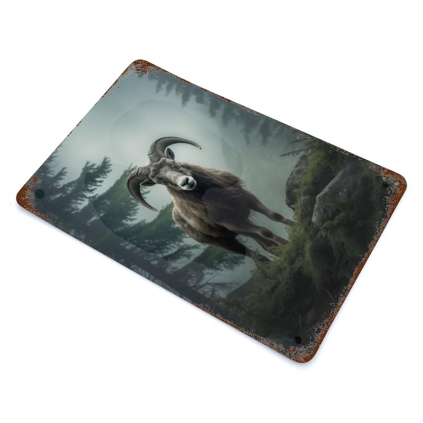Mountain Ram Foggy Forest Decorative Tin Sign 11.8"x7.9", Industrial Home Decor for Garage, Pub Or Kitchen