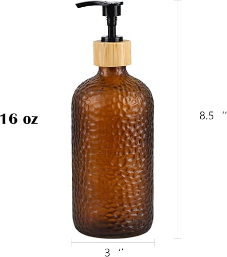Miniatura 3 de Dispensador de jabón de vidrio de 16 onzas con cabezal de bomba de bambú, dispensador de jabón de cocina y baño recargable para jabón de manos,