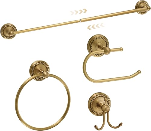 Miniatura 13 de Juego de 4 Piezas de Accesorios de Baño de Latón Antiguo Dorado Montados en la Pared Toallero y Anillo para Toallas y Portapapel Higiénico y Gancho