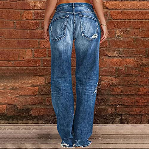 Womens Loose Distressed Jean Baggy Ripped Straight Leg Mid Waist Boyfriend Denim Pants4