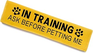 in Training Dog Leash Sleeve - Funny Yellow Alert Wrap with Hanging ID Patch | Ask Before Petting Service Dog Accessory, Perfect Pet Birthday Gift for Dog Owners