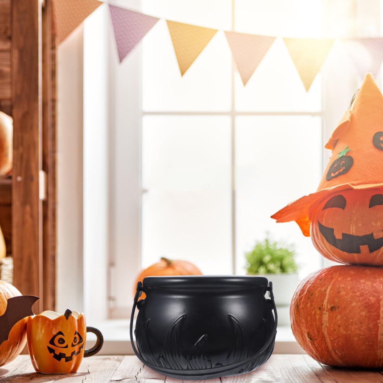 Alipis Black Cauldron, Halloween Witch Cauldron Pot with Handle, Large Plastic Kettle Candy Basket Storage Holder Halloween Party Decorations