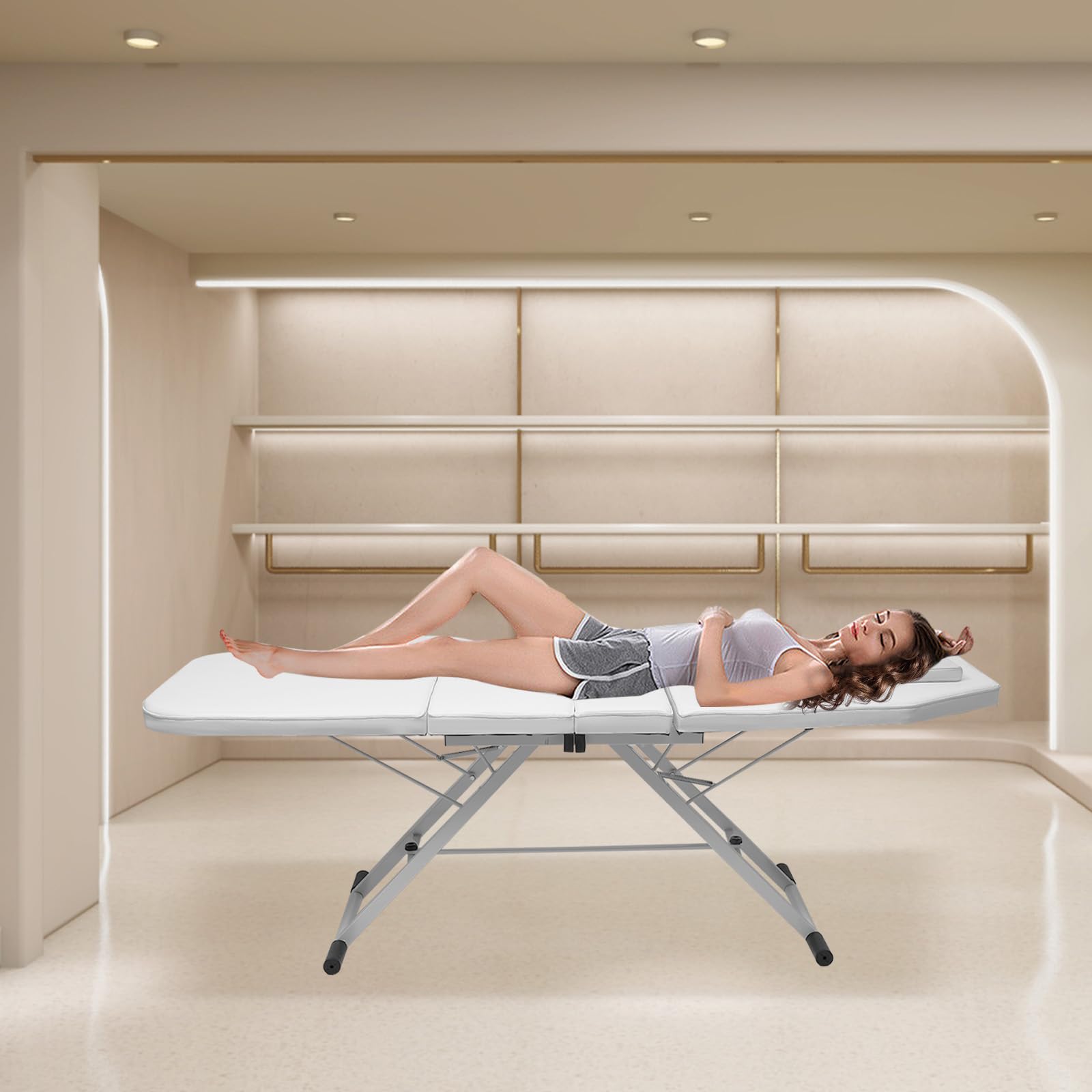 Mobile Massagebett, 3 Zonen Klappbar Massageliege Massagetisch bis 250kg belastbar Kosmetikliege Bett Behandlungsliege für Spa, 1820 x 60 cm (Weiß)