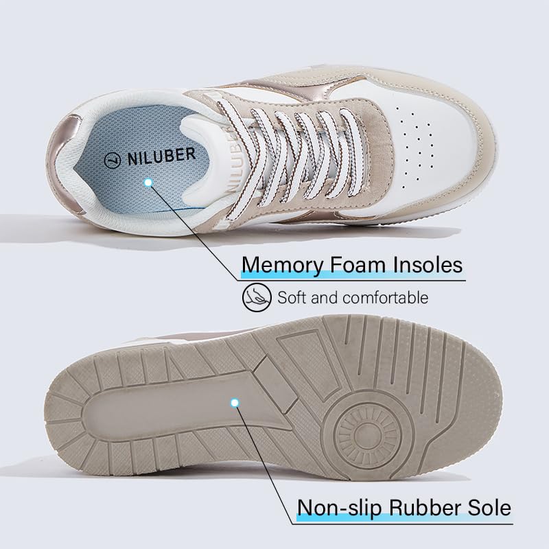 Niluber Women's Fashion Low Top Sneakers - White PU Leather Tennis Shoes-Lace Up Comfortable Casual Waking Shoes2