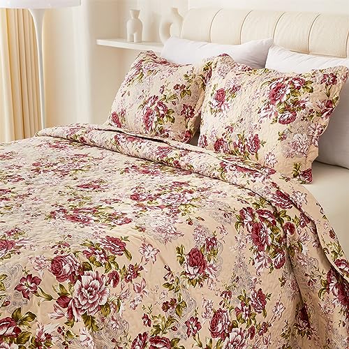 Cmfshape Summer Floral King Quilted Bedspread,Romantic Red Quilt Set,Reversible Stitched Bedding Cover All Season,Soft Lightweight Coverlet with Pillow Cases (Red Rose, King(102"x90"))
