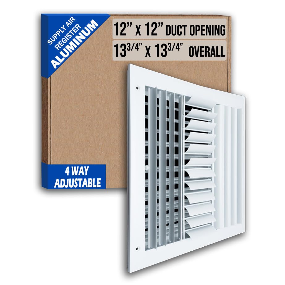 Fits 12x12 Duct Opening Aluminum 4-Way Adjustable Air Supply Grille by Handua | Curved Blade Register Vent Cover for Sidewall & Ceiling | White | Outer Size: 13.75 X 13.75