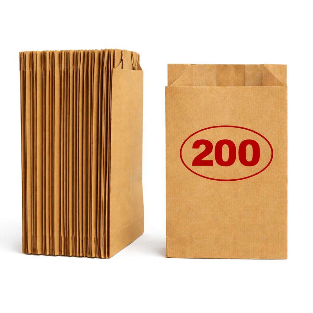 VEZODEK Brown Kraft Paper Bags for Kids Party Favour Small Food 20x12cm, It Can Be Used As Sandwich Bread Lunch Bag, Sweet Gift Bags, Popcorn Bags (200)