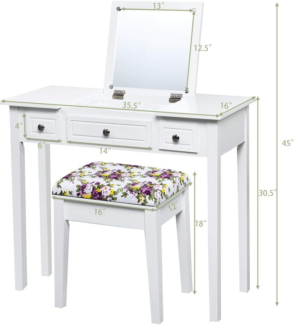 CHARMAID Makeup Vanity Desk with Flip Top Mirror, 3 Drawers, 7 Storage Compartments, White Writing Desk Dressing Table Vanity Set with Cushioned Stool for Girls Women, Easy Assembly