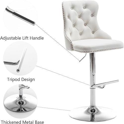 Miniatura 7 de Juego de 4 taburetes de bar de terciopelo, taburetes de bar giratorios de altura de mostrador con ribete de cabezas de clavos y botón, taburetes de