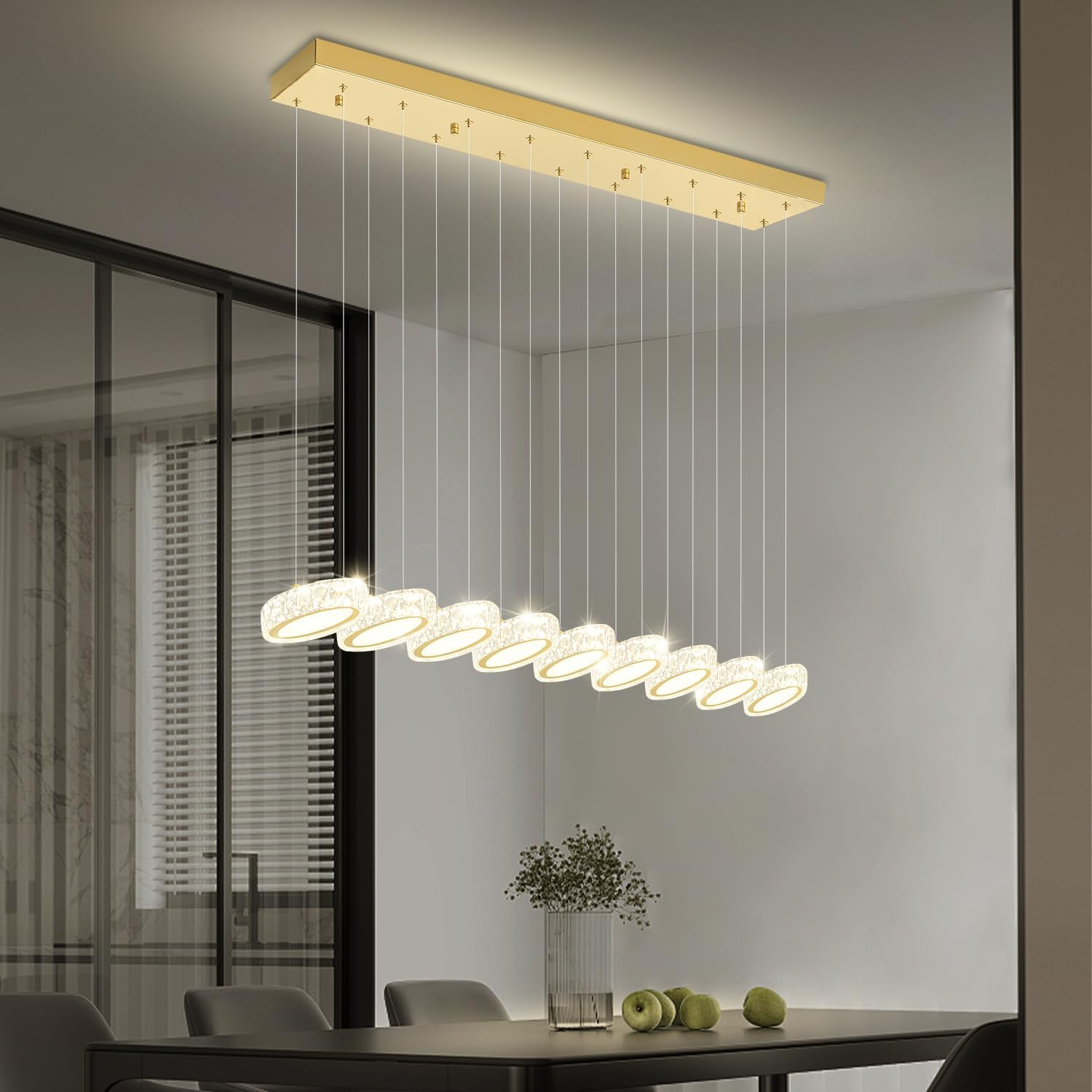 Rectangular Crystal Chandelier for Dining Room Pendant Chandelier for Kitchen Modern Linear Crystal Chandeliers Over Table Gold 9 Lights