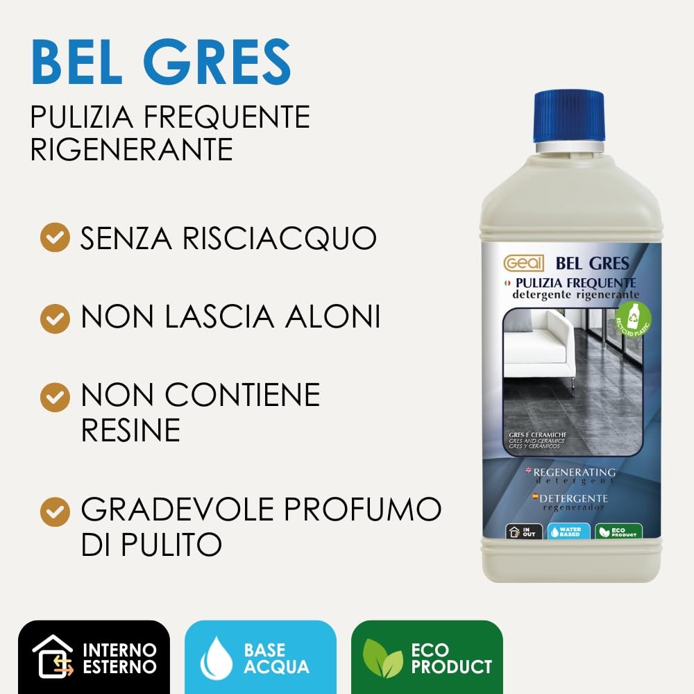 GEAL BEL GRES. Detergente Rigenerante Specifico per Pavimenti in Gres Porcellanato. 1 Litro