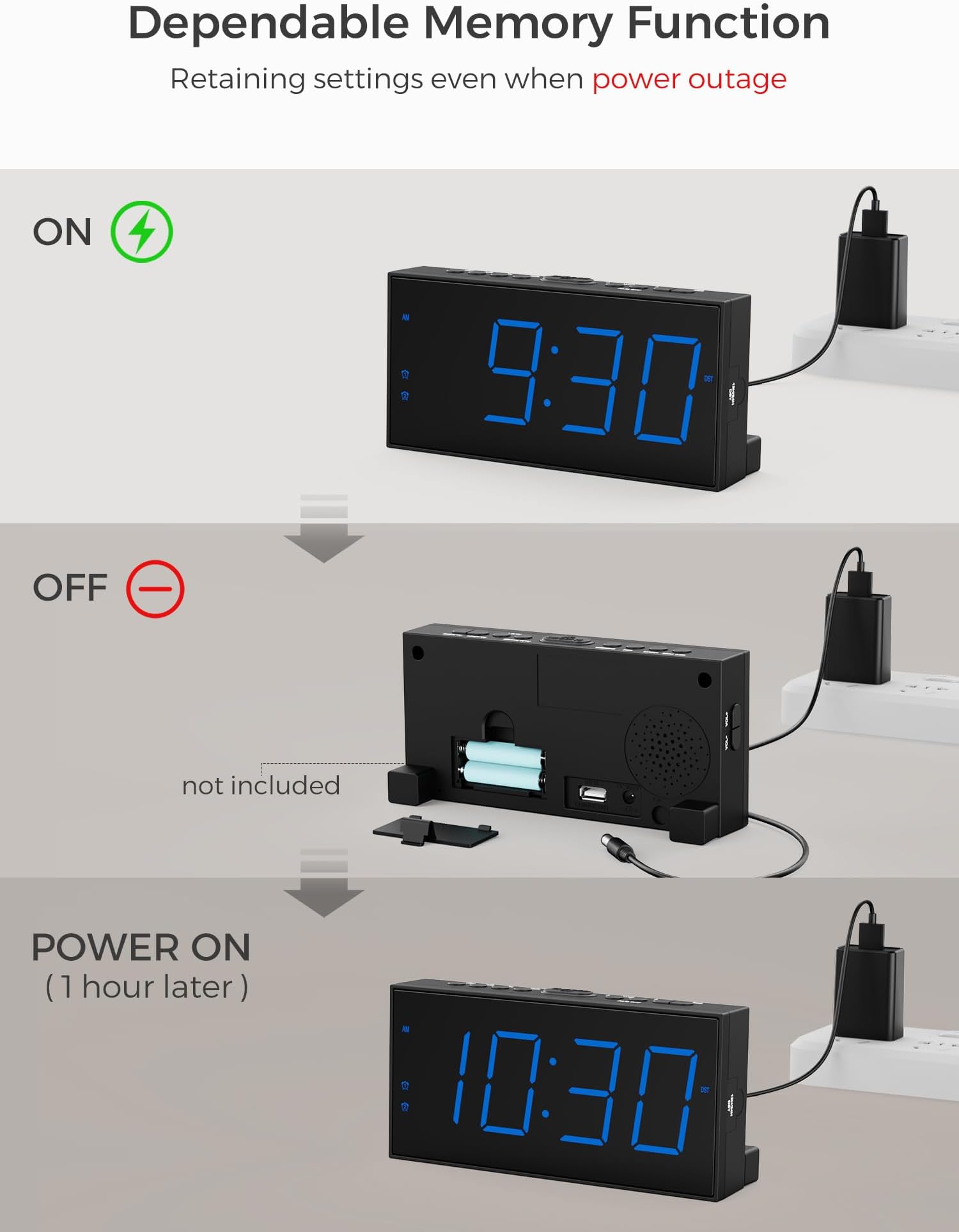 PPLEE Digital Dual Alarm Clock for Bedroom, Large Display Bedside with Battery Backup, USB Phone Charger, Volume, Dimmer, Easy to Set Loud LED Heavy Sleepers Kid Senior Teen Boy Girl Kitchen