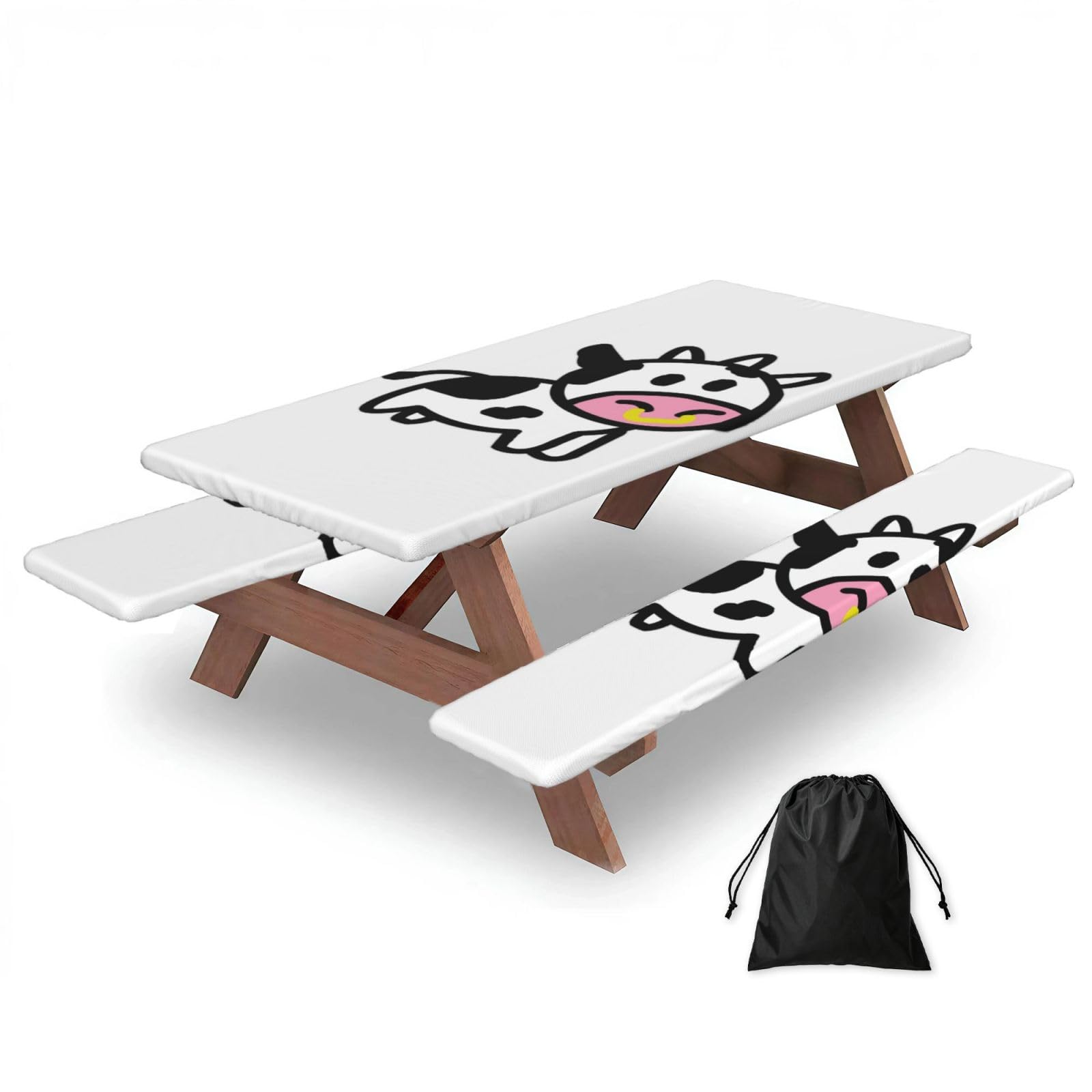 Duwaa Black Cute Cow Print 183Cm Picnic Table Cover With Bench Covers, Waterproof Elastic Tablecloth Set For Outdoor