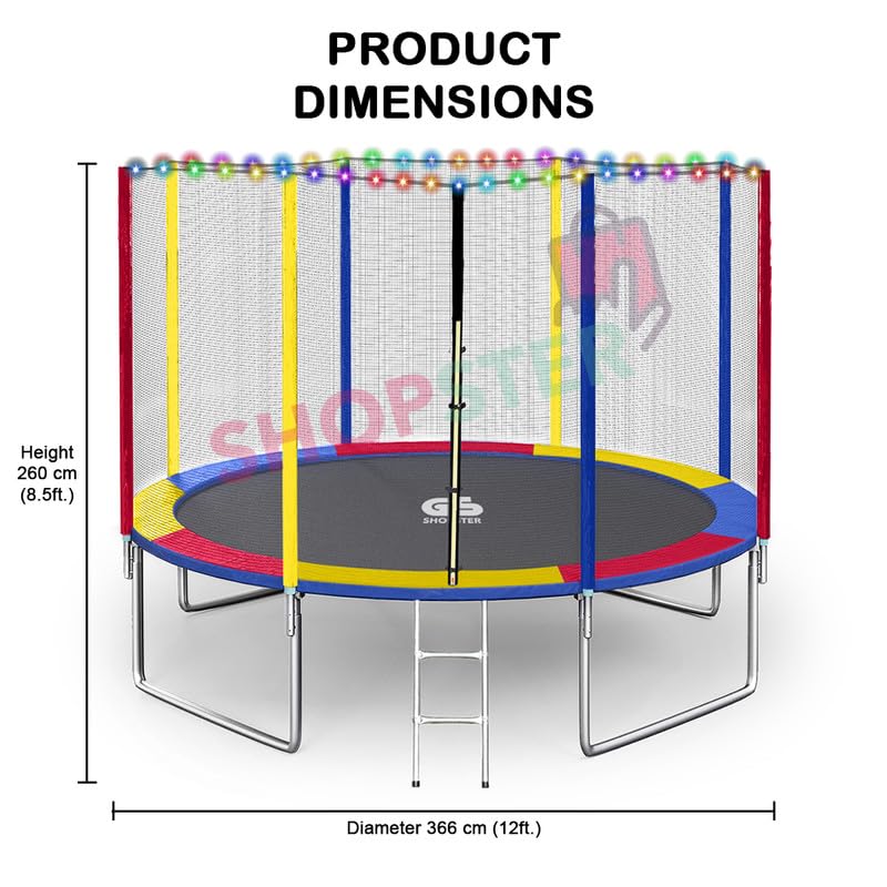 Image of Shopster Festive Edition 12 feet Heavy-Duty Jumping Trampoline for Adults & Kids with Safety Net, Remote-Control Waterproof LED Lights - Perfect for Indoor & Outdoor, Bouncer, Supports Upto 200kg