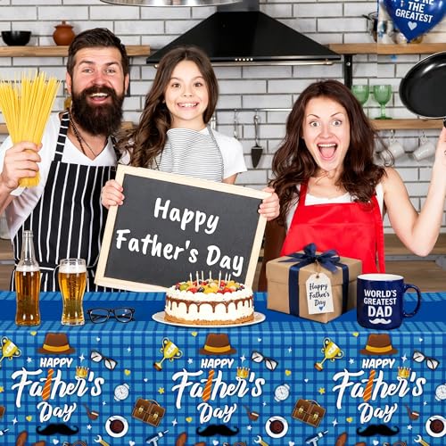 Image of QZYL 3Pcs Fathers Day Decorations, 108 inch X 54 inch Happy Father's Day Tablecloth, Disposable Blue Plastic Tablecloth, Rectangle Tie Hat Man Beard Father's Tablecloth for Dad Party Home Dinner Decor