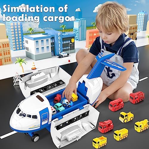 Transport Cargo Airplane Toys, with Music and Light Toy Airplane Car Toy Play Set, with Vehicle Car Toy 1 Map 1 Barricade for 3+ Years Old Boys and Girls (Blue)